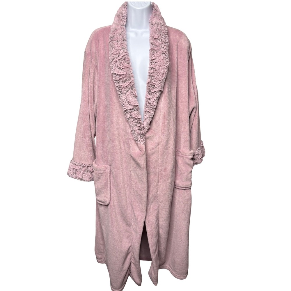 CAROLE HOCHMAN Pink Fleece Robe w/ Pockets Sz M Faux Fur Trim Sleepwear Cozy Spa